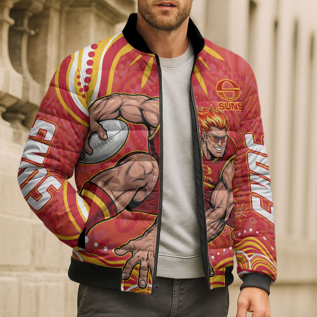 Personalized Gold Coast Suns Mascot Bomber Puffer Jacket Aboriginal Dot Art - Dreamtime Football Mascot