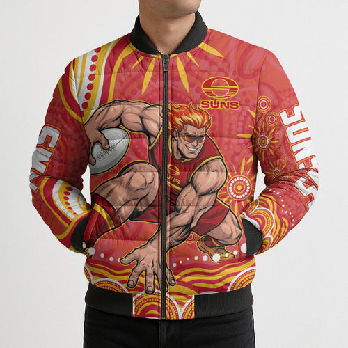 Personalized Gold Coast Suns Mascot Bomber Puffer Jacket Aboriginal Dot Art - Dreamtime Football Mascot