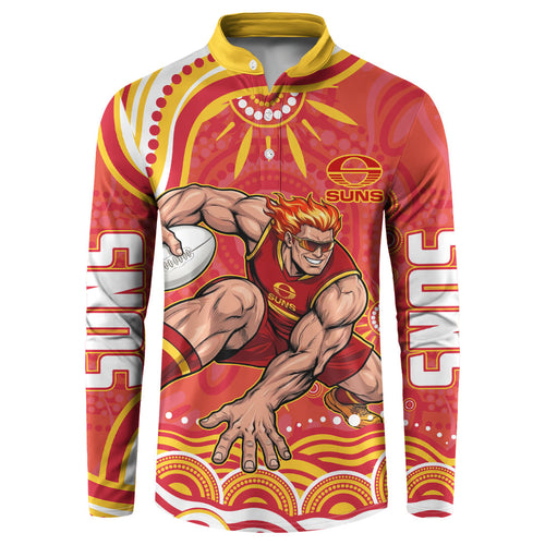 Personalized Gold Coast Suns Mascot Button Sweatshirt Aboriginal Dot Art - Dreamtime Football Mascot