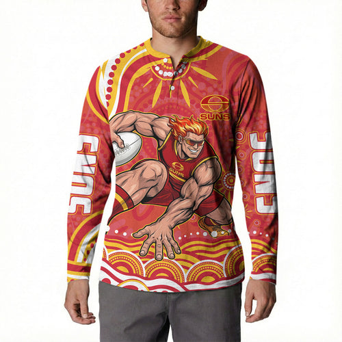 Personalized Gold Coast Suns Mascot Button Sweatshirt Aboriginal Dot Art - Dreamtime Football Mascot