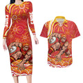 Personalized Gold Coast Suns Mascot Couples Matching Long Sleeve Bodycon Dress and Hawaiian Shirt Aboriginal Dot Art - Dreamtime Football Mascot