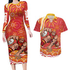 Personalized Gold Coast Suns Mascot Couples Matching Long Sleeve Bodycon Dress and Hawaiian Shirt Aboriginal Dot Art - Dreamtime Football Mascot