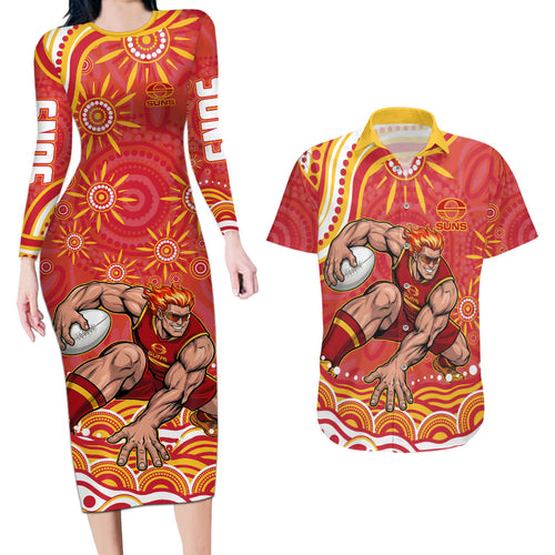 Personalized Gold Coast Suns Mascot Couples Matching Long Sleeve Bodycon Dress and Hawaiian Shirt Aboriginal Dot Art - Dreamtime Football Mascot