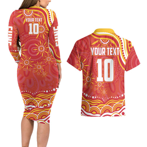 Personalized Gold Coast Suns Mascot Couples Matching Long Sleeve Bodycon Dress and Hawaiian Shirt Aboriginal Dot Art - Dreamtime Football Mascot