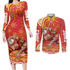 Personalized Gold Coast Suns Mascot Couples Matching Long Sleeve Bodycon Dress and Long Sleeve Button Shirt Aboriginal Dot Art - Dreamtime Football Mascot
