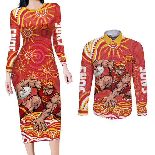 Personalized Gold Coast Suns Mascot Couples Matching Long Sleeve Bodycon Dress and Long Sleeve Button Shirt Aboriginal Dot Art - Dreamtime Football Mascot