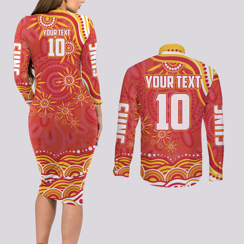 Personalized Gold Coast Suns Mascot Couples Matching Long Sleeve Bodycon Dress and Long Sleeve Button Shirt Aboriginal Dot Art - Dreamtime Football Mascot