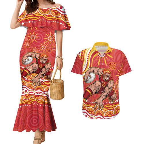 Personalized Gold Coast Suns Mascot Couples Matching Mermaid Dress and Hawaiian Shirt Aboriginal Dot Art - Dreamtime Football Mascot