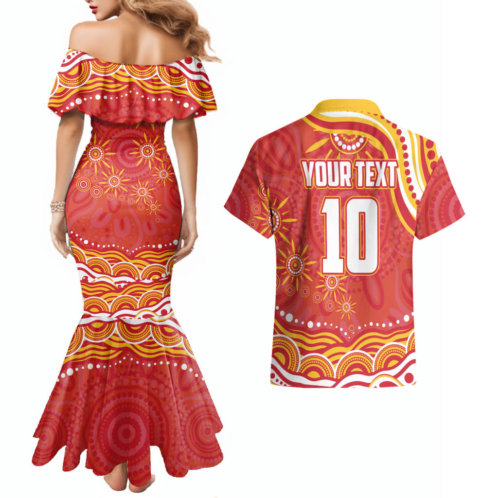 Personalized Gold Coast Suns Mascot Couples Matching Mermaid Dress and Hawaiian Shirt Aboriginal Dot Art - Dreamtime Football Mascot