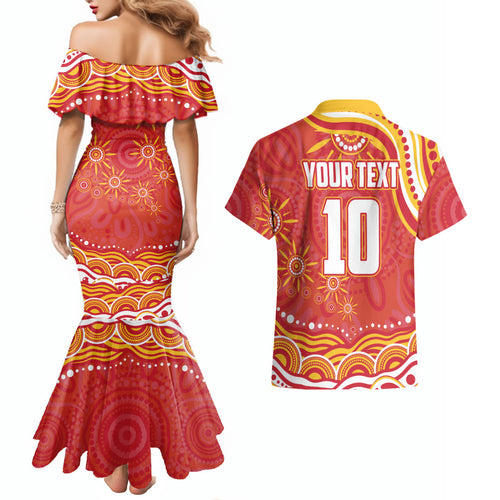 Personalized Gold Coast Suns Mascot Couples Matching Mermaid Dress and Hawaiian Shirt Aboriginal Dot Art - Dreamtime Football Mascot