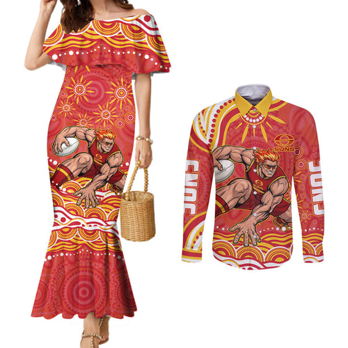 Personalized Gold Coast Suns Mascot Couples Matching Mermaid Dress and Long Sleeve Button Shirt Aboriginal Dot Art - Dreamtime Football Mascot