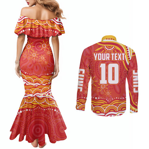 Personalized Gold Coast Suns Mascot Couples Matching Mermaid Dress and Long Sleeve Button Shirt Aboriginal Dot Art - Dreamtime Football Mascot