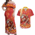 Personalized Gold Coast Suns Mascot Couples Matching Off Shoulder Maxi Dress and Hawaiian Shirt Aboriginal Dot Art - Dreamtime Football Mascot