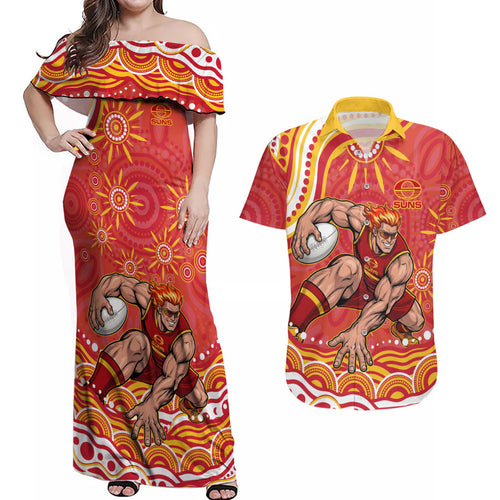 Personalized Gold Coast Suns Mascot Couples Matching Off Shoulder Maxi Dress and Hawaiian Shirt Aboriginal Dot Art - Dreamtime Football Mascot