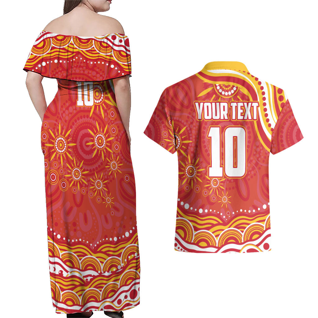 Personalized Gold Coast Suns Mascot Couples Matching Off Shoulder Maxi Dress and Hawaiian Shirt Aboriginal Dot Art - Dreamtime Football Mascot