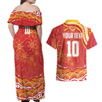 Personalized Gold Coast Suns Mascot Couples Matching Off Shoulder Maxi Dress and Hawaiian Shirt Aboriginal Dot Art - Dreamtime Football Mascot