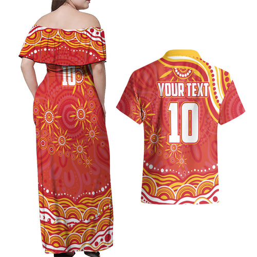 Personalized Gold Coast Suns Mascot Couples Matching Off Shoulder Maxi Dress and Hawaiian Shirt Aboriginal Dot Art - Dreamtime Football Mascot