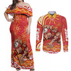 Personalized Gold Coast Suns Mascot Couples Matching Off Shoulder Maxi Dress and Long Sleeve Button Shirt Aboriginal Dot Art - Dreamtime Football Mascot