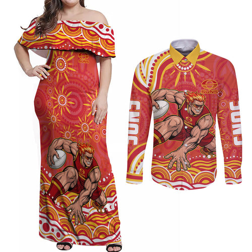 Personalized Gold Coast Suns Mascot Couples Matching Off Shoulder Maxi Dress and Long Sleeve Button Shirt Aboriginal Dot Art - Dreamtime Football Mascot