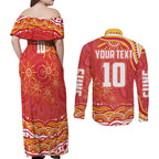 Personalized Gold Coast Suns Mascot Couples Matching Off Shoulder Maxi Dress and Long Sleeve Button Shirt Aboriginal Dot Art - Dreamtime Football Mascot