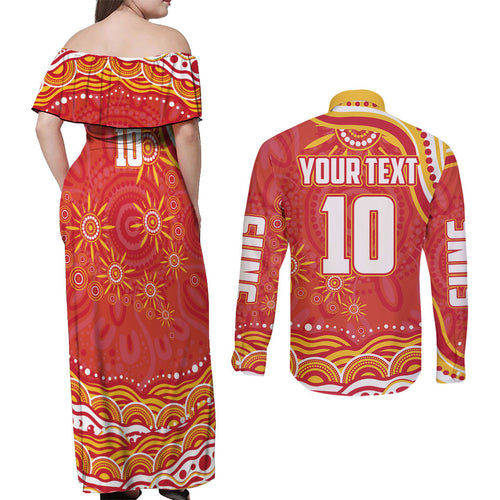 Personalized Gold Coast Suns Mascot Couples Matching Off Shoulder Maxi Dress and Long Sleeve Button Shirt Aboriginal Dot Art - Dreamtime Football Mascot