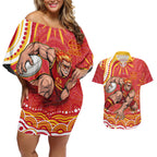 Personalized Gold Coast Suns Mascot Couples Matching Off Shoulder Short Dress and Hawaiian Shirt Aboriginal Dot Art - Dreamtime Football Mascot
