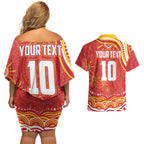 Personalized Gold Coast Suns Mascot Couples Matching Off Shoulder Short Dress and Hawaiian Shirt Aboriginal Dot Art - Dreamtime Football Mascot
