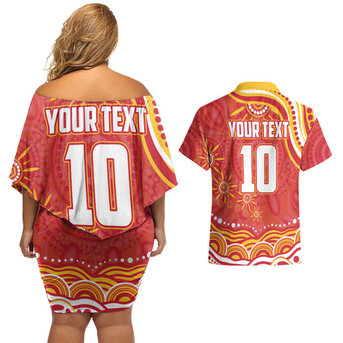 Personalized Gold Coast Suns Mascot Couples Matching Off Shoulder Short Dress and Hawaiian Shirt Aboriginal Dot Art - Dreamtime Football Mascot
