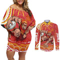 Personalized Gold Coast Suns Mascot Couples Matching Off Shoulder Short Dress and Long Sleeve Button Shirt Aboriginal Dot Art - Dreamtime Football Mascot