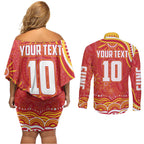 Personalized Gold Coast Suns Mascot Couples Matching Off Shoulder Short Dress and Long Sleeve Button Shirt Aboriginal Dot Art - Dreamtime Football Mascot