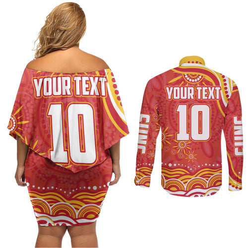 Personalized Gold Coast Suns Mascot Couples Matching Off Shoulder Short Dress and Long Sleeve Button Shirt Aboriginal Dot Art - Dreamtime Football Mascot