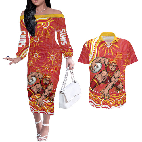Personalized Gold Coast Suns Mascot Couples Matching Off The Shoulder Long Sleeve Dress and Hawaiian Shirt Aboriginal Dot Art - Dreamtime Football Mascot
