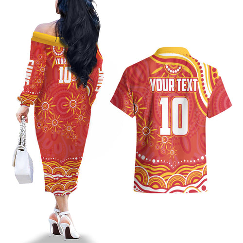 Personalized Gold Coast Suns Mascot Couples Matching Off The Shoulder Long Sleeve Dress and Hawaiian Shirt Aboriginal Dot Art - Dreamtime Football Mascot