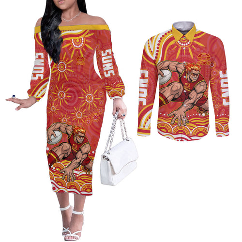 Personalized Gold Coast Suns Mascot Couples Matching Off The Shoulder Long Sleeve Dress and Long Sleeve Button Shirt Aboriginal Dot Art - Dreamtime Football Mascot