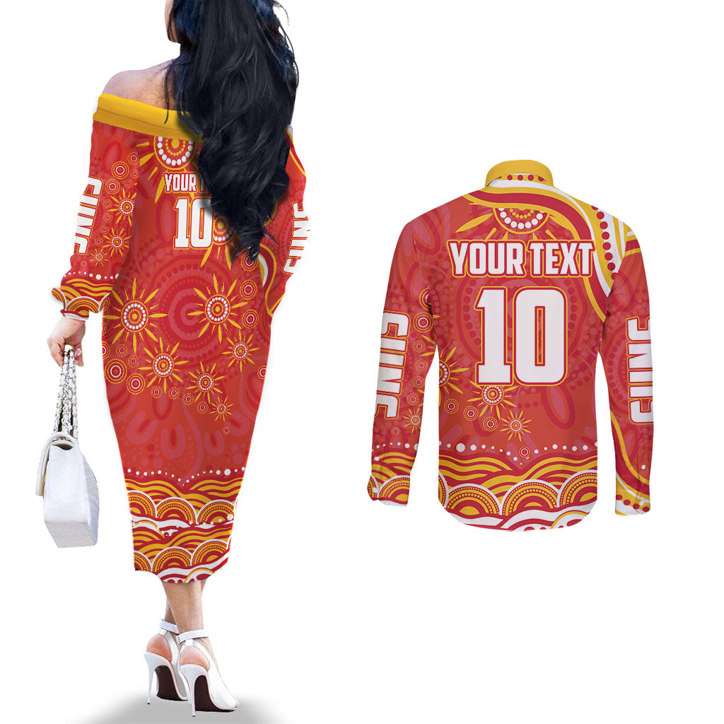 Personalized Gold Coast Suns Mascot Couples Matching Off The Shoulder Long Sleeve Dress and Long Sleeve Button Shirt Aboriginal Dot Art - Dreamtime Football Mascot