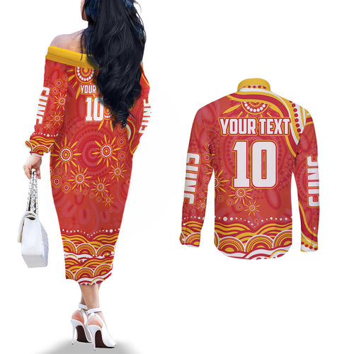 Personalized Gold Coast Suns Mascot Couples Matching Off The Shoulder Long Sleeve Dress and Long Sleeve Button Shirt Aboriginal Dot Art - Dreamtime Football Mascot