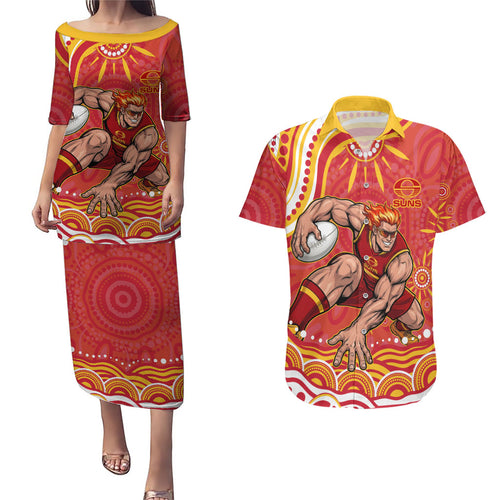Personalized Gold Coast Suns Mascot Couples Matching Puletasi and Hawaiian Shirt Aboriginal Dot Art - Dreamtime Football Mascot