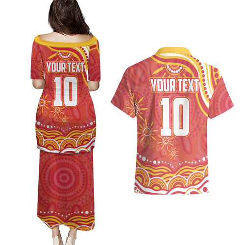 Personalized Gold Coast Suns Mascot Couples Matching Puletasi and Hawaiian Shirt Aboriginal Dot Art - Dreamtime Football Mascot