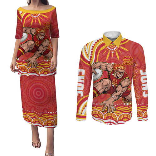 Personalized Gold Coast Suns Mascot Couples Matching Puletasi and Long Sleeve Button Shirt Aboriginal Dot Art - Dreamtime Football Mascot