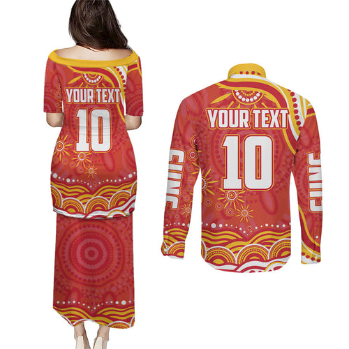 Personalized Gold Coast Suns Mascot Couples Matching Puletasi and Long Sleeve Button Shirt Aboriginal Dot Art - Dreamtime Football Mascot