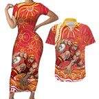Personalized Gold Coast Suns Mascot Couples Matching Short Sleeve Bodycon Dress and Hawaiian Shirt Aboriginal Dot Art - Dreamtime Football Mascot