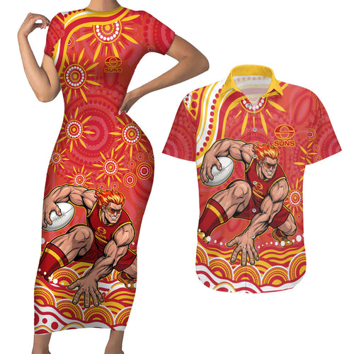 Personalized Gold Coast Suns Mascot Couples Matching Short Sleeve Bodycon Dress and Hawaiian Shirt Aboriginal Dot Art - Dreamtime Football Mascot