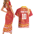 Personalized Gold Coast Suns Mascot Couples Matching Short Sleeve Bodycon Dress and Hawaiian Shirt Aboriginal Dot Art - Dreamtime Football Mascot