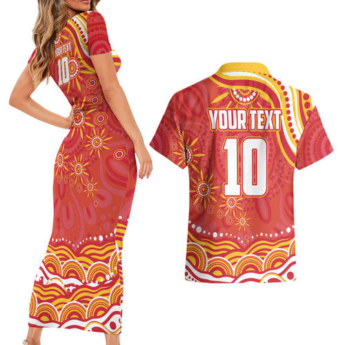 Personalized Gold Coast Suns Mascot Couples Matching Short Sleeve Bodycon Dress and Hawaiian Shirt Aboriginal Dot Art - Dreamtime Football Mascot