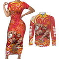Personalized Gold Coast Suns Mascot Couples Matching Short Sleeve Bodycon Dress and Long Sleeve Button Shirt Aboriginal Dot Art - Dreamtime Football Mascot