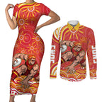 Personalized Gold Coast Suns Mascot Couples Matching Short Sleeve Bodycon Dress and Long Sleeve Button Shirt Aboriginal Dot Art - Dreamtime Football Mascot
