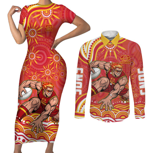 Personalized Gold Coast Suns Mascot Couples Matching Short Sleeve Bodycon Dress and Long Sleeve Button Shirt Aboriginal Dot Art - Dreamtime Football Mascot