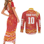 Personalized Gold Coast Suns Mascot Couples Matching Short Sleeve Bodycon Dress and Long Sleeve Button Shirt Aboriginal Dot Art - Dreamtime Football Mascot