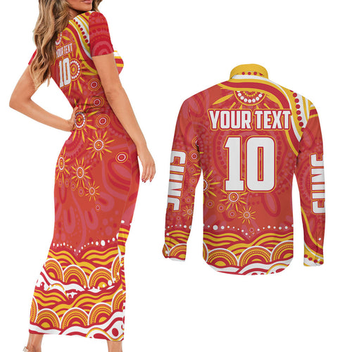 Personalized Gold Coast Suns Mascot Couples Matching Short Sleeve Bodycon Dress and Long Sleeve Button Shirt Aboriginal Dot Art - Dreamtime Football Mascot