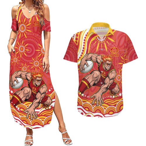 Personalized Gold Coast Suns Mascot Couples Matching Summer Maxi Dress and Hawaiian Shirt Aboriginal Dot Art - Dreamtime Football Mascot